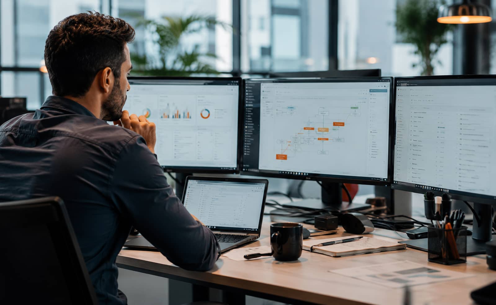 Especialista supervisando flujos de automatización empresarial e integración de sistemas digitales desde un entorno de trabajo profesional.