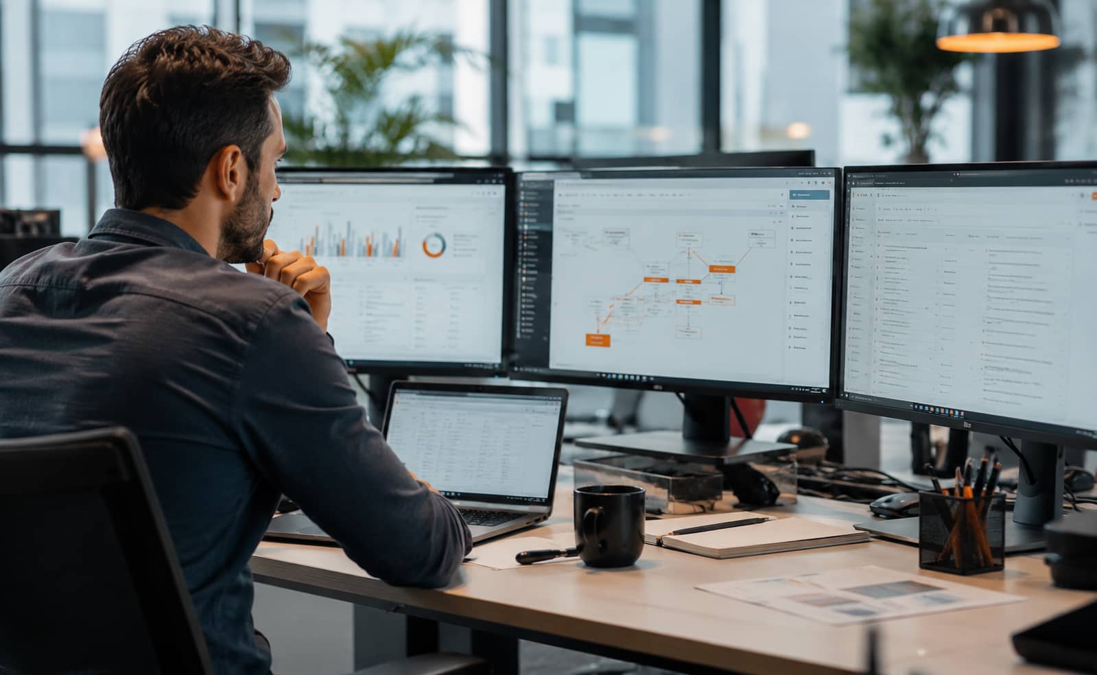 Consultor tecnológico analizando flujos de automatización, datos empresariales e integraciones digitales desde un entorno de trabajo moderno.