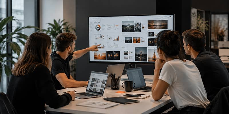 Equipo de marketing digital planificando campañas y estrategias de contenidos para redes sociales.