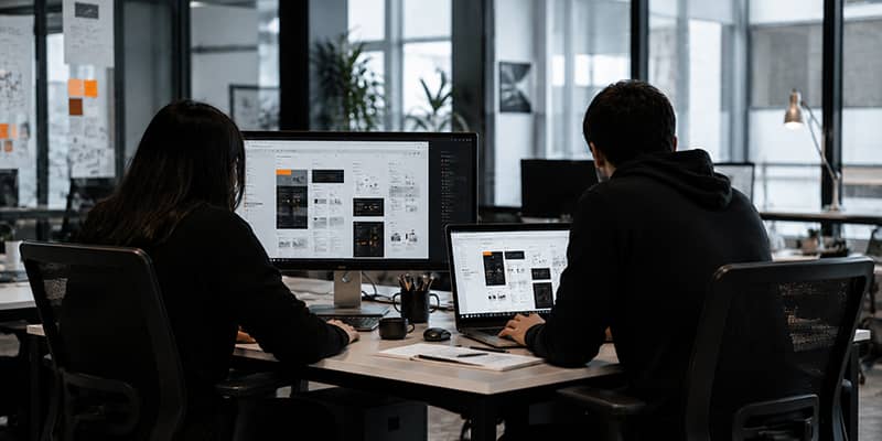 Equipo de desarrollo web diseñando una plataforma digital corporativa en un entorno tecnológico profesional.